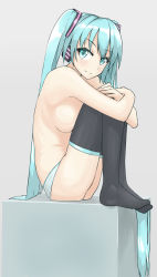 Rule 34 | 1girl, aqua eyes, black thighhighs, blue hair, breasts, hatsune miku, highres, hugging own legs, long hair, looking at viewer, panties, shunichi, sitting, small breasts, smile, solo, striped clothes, striped panties, thighhighs, topless, underwear, underwear only, very long hair, vocaloid