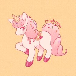 Rule 34 | 1other, animal, animal focus, artist name, dripping, film grain, food, food-themed hair ornament, hair ornament, heart, hooves, horns, horse, ice cream, ice cream cone, ice cream hair ornament, limited palette, original, pastel colors, pink eyes, pink hair, pink tail, rii abrego, saddle, simple background, single horn, sprinkles, unicorn, white fur, yellow background