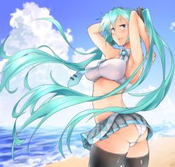 Rule 34 | 1girl, aqua eyes, aqua hair, armpits, arms up, ass, beach, black thighhighs, blush, breasts, clothes lift, cloud, crop top, day, hair ornament, hatsune miku, kagami uekusa, large breasts, long hair, microskirt, midriff, necktie, open mouth, outdoors, panties, shiny skin, skirt, skirt lift, sky, sleeveless, smile, solo, taut clothes, thighhighs, tie clip, twintails, underwear, upskirt, vocaloid, white panties