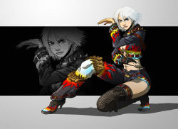 Rule 34 | 1girl, abs, alternate costume, asymmetrical clothes, asymmetrical legwear, blue eyes, breasts, christie (doa), cleavage, cropped jacket, dead or alive, fighting stance, fingernails, fishnets, flame print, full body, large breasts, long fingernails, looking at viewer, midriff, mismatched legwear, on one knee, pio paulo santana, short hair, single thighhigh, solo, thighhighs, white hair, zoom layer