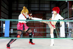Rule 34 | 2girls, arena, blonde hair, boxing ring, breasts, candy cane (rumble roses), candy cane (rumble roses) (cosplay), chouzuki maryou, cleavage, cosplay, fingerless gloves, gloves, large breasts, miss spencer, miss spencer (cosplay), multiple girls, photo (medium), red hair, rumble roses, rumble roses xx, suzuka itsuki