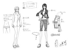 Rule 34 | 2girls, barefoot, breasts, character sheet, cleavage, full body, hand on own hip, monochrome, multiple girls, multiple views, naked shirt, nami (one piece), navel, nico robin, official art, one piece, one piece: strong world, ponytail, shirt, smile, translation request, wide hips