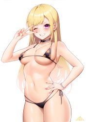 Rule 34 | 1girl, absurdres, bare arms, bare shoulders, bikini, black bikini, black choker, blonde hair, blush, bracelet, choker, commentary request, cowboy shot, grin, hand up, highres, jewelry, kitagawa marin, long hair, looking at viewer, navel, one eye closed, purple eyes, ranshangchen, side-tie bikini bottom, simple background, smile, solo, sono bisque doll wa koi wo suru, standing, stomach, swimsuit, thighs, v over eye, very long hair, white background