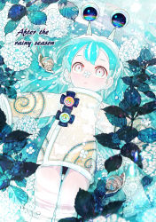 Rule 34 | 1girl, aqua hair, child, commentary request, english text, flower, highres, hydrangea, inuyama riko, leaf, long hair, long sleeves, lying, multicolored eyes, on back, original, parted lips, partially submerged, plant, sleeves past fingers, sleeves past wrists, snail, solo, white flower
