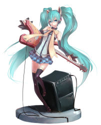 Rule 34 | 1girl, amplifier, animal ears, aqua eyes, aqua hair, bad id, bad pixiv id, black thighhighs, bow, checkered clothes, checkered skirt, co2, detached sleeves, female focus, full body, guitar, hatsune miku, headphones, instrument, leg lift, long hair, simple background, skirt, solo, standing, standing on one leg, thighhighs, twintails, very long hair, vocaloid, white background, zettai ryouiki
