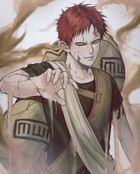 Rule 34 | 1boy, absurdres, black shirt, blue eyes, fishnet top, fishnets, forehead tattoo, gaara (naruto), highres, looking at viewer, male focus, naruto, naruto (series), no pupils, parted lips, red hair, sand, scar, scar on arm, scar on face, shirt, short hair, solo, takoyakgk, teeth, upper body, v-shaped eyes