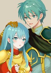 Rule 34 | 1boy, 1girl, :d, :o, absurdres, armor, blue eyes, blue hair, blue shirt, breastplate, brother and sister, brown gloves, commentary, eirika (fire emblem), ephraim (fire emblem), fire emblem, gloves, grey background, hand on another&#039;s head, highres, long hair, nintendo, open mouth, red shirt, shirt, short hair, short sleeves, siblings, sidelocks, simple background, smile, upper body, yuurururun