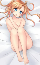 Rule 34 | 10s, 1girl, :o, abukuma (kancolle), bed sheet, blonde hair, breasts, cleavage, collarbone, convenient censoring, convenient leg, double bun, eyelashes, hands on own shoulders, head tilt, highres, kantai collection, legs up, long hair, looking at viewer, looking up, lying, neit ni sei, nude, on back, open mouth, self hug, small breasts, solo, tareme