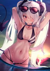 Rule 34 | 1girl, armpits, arms behind head, arms up, bikini, black bikini, black choker, black ribbon, blue archive, breasts, choker, commentary, cowboy shot, demon tail, eyewear on head, hair over one eye, hair ribbon, halo, hato haru, highres, iori (blue archive), iori (swimsuit) (blue archive), long hair, looking at viewer, medium breasts, multi-strapped bikini bottom, navel, ocean, partially submerged, pointy ears, red eyes, ribbon, solo, standing, stomach, sun, sunglasses, sunset, swimsuit, tail, twintails, two side up, very long hair, wading, water, wet, wet clothes, white hair