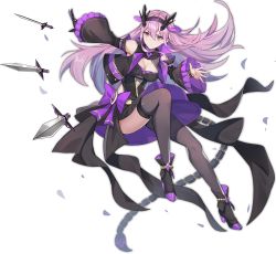 Rule 34 | 1girl, ark order, black dress, black footwear, black thighhighs, black vest, boots, bow, breasts, dress, frilled sleeves, frills, gloves, high heel boots, high heels, knife, official art, purple bow, purple eyes, purple hair, scorpion tail, scropio (ark order), single glove, solo, tachi-e, tail, thighhighs, throwing knife, transparent background, vest, weapon, yukiyaii