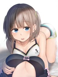 Rule 34 | 2girls, absurdres, all fours, bare arms, bare shoulders, bikini, black bikini, blue eyes, blush, bow, grabbing another&#039;s breast, breasts, brown hair, cleavage, collarbone, commentary request, earrings, frilled bikini, frills, grabbing, hair tie, highres, hoshimiya aki, idolmaster, idolmaster shiny colors, jewelry, looking at viewer, mayuzumi fuyuko, medium breasts, multiple girls, parted lips, pink bow, serizawa asahi, short shorts, shorts, solo focus, star (symbol), star earrings, sweat, swimsuit, two side up, white background, white shorts
