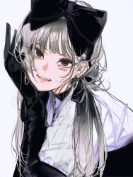 Rule 34 | 1girl, black bow, black eyes, black gloves, black ribbon, bow, commentary, dated commentary, elbow gloves, gloves, grey hair, hair bow, hair ribbon, highres, john kafka, looking at viewer, open mouth, original, ribbon, shirt, simple background, solo, teeth, upper body, upper teeth only, white background, white shirt