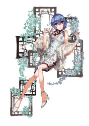 Rule 34 | 1girl, alternate costume, ayanami rei, blue hair, china dress, chinese clothes, dress, eyebrows, floral print, flower, full body, fur trim, gloves, guaili luanshen, hair between eyes, high heels, looking at viewer, neon genesis evangelion, parted lips, plant, print dress, red eyes, see-through, shawl, shoes, short hair, side slit, sleeveless, sleeveless dress, solo, vines, white dress, white footwear