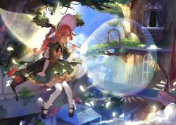 Rule 34 | 1girl, blush, blowing bubbles, dress, fairy, fairy wings, green eyes, hat, long hair, mary janes, original, pantyhose, pointy ears, red hair, revision, rifsom, shoes, solo, striped clothes, striped pantyhose, tree, vertical-striped clothes, vertical-striped pantyhose, wings