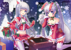 Rule 34 | &gt;:(, 2girls, ;d, age (company), animal ears, boots, box, breasts, rabbit ears, capelet, chimney, cityscape, cleavage, dance of eternity, detached sleeves, elbow gloves, frown, gift, gift box, gloves, highres, inia sestina, kneeling, miniskirt, multiple girls, muv-luv, muv-luv alternative, muv-luv total eclipse, one eye closed, open mouth, purple eyes, purple hair, sack, santa boots, santa costume, skirt, smile, snowflakes, thighhighs, twintails, v-shaped eyebrows, white legwear, wink, yashiro kasumi