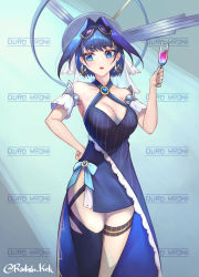 Rule 34 | 1girl, absurdres, adapted costume, alcohol, blue hair, breasts, cleavage, cup, dress, drinking glass, hair intakes, halo, highres, hololive, hololive english, large breasts, mechanical halo, ouro kronii, radishkek, short hair, virtual youtuber, wine, wine glass