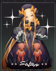 Rule 34 | 1girl, abigail williams (fate), absurdres, beret, black bow, black dress, blonde hair, blush, bow, chromatic aberration, closed mouth, cowboy shot, dress, fate/grand order, fate (series), forehead, grey eyes, hair bow, hands in opposite sleeves, hands up, hat, highres, holding, long hair, looking at viewer, multiple hair bows, polka dot, polka dot bow, sidelocks, solo, sparkle, stuffed animal, stuffed toy, teddy bear, very long hair, waterkuma, yellow bow