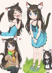 Rule 34 | 1girl, :t, aina (mao lian), animal ears, black thighhighs, blue dress, blue eyes, blush, brown hair, brown jacket, cat ears, cat tail, closed mouth, dress, flying sweatdrops, food, fruit, green skirt, heart, highres, holding, holding food, holding fruit, jacket, long hair, looking at viewer, maid, mao lian (nekokao), miniskirt, multiple views, original, pleated skirt, sitting, skirt, smile, standing, tail, tail raised, thighhighs, yawning