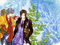 Rule 34 | 2boys, ayumi kasai, bouquet, brown eyes, brown hair, coat, flower, gift, hands in pockets, highres, holly, kasai ayumi, leaf, male focus, multiple boys, necktie, red scarf, rose, scarf, silver hair, snow, striped, trench coat, wallpaper, wings