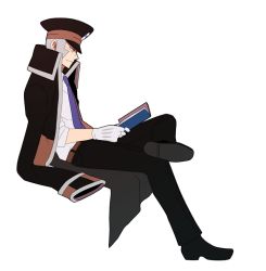 Rule 34 | 1boy, belt, bespectacled, black coat, black footwear, black hat, black pants, book, brown belt, closed mouth, coat, creatures (company), crossed legs, dress shirt, from side, full body, game freak, glasses, gloves, grey eyes, grey hair, hat, high collar, holding, holding book, ingo (pokemon), invisible chair, jaho, long sideburns, male focus, nintendo, pants, peaked cap, pokemon, pokemon bw, reading, shirt, shoes, short hair, sideburns, simple background, sitting, solo, trench coat, white background, white gloves, white shirt