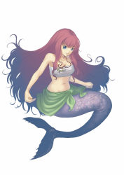 Rule 34 | 1girl, artist request, blue eyes, floating hair, gradient hair, jewelry, long hair, mermaid, monster girl, multicolored hair, necklace, pink hair, red hair, sarong, simple background, solo, strapless, tube top, white background