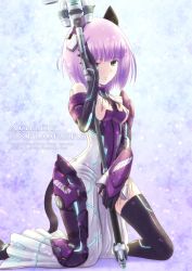 Rule 34 | 1girl, arm guards, black thighhighs, blue eyes, breasts, cover, cover page, elbow gloves, english text, feeling robe, gloves, kneeling, maloo, marlur, nipples, phantasy star, phantasy star online 2, purple hair, ryu-akt, short hair, small breasts, solo, staff, thighhighs, torn clothes