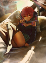 Rule 34 | 1girl, absurdres, ass, bare shoulders, black pantyhose, breasts, cleavage, couch, electronic cigarette, feet, greatodoggo, heterochromia, highres, hololive, houshou marine, knees up, long sleeves, looking at viewer, lying, medium breasts, no shoes, on back, open mouth, orange eyes, pantyhose, red eyes, red hair, skirt, smoke, soles, solo, thighs, twintails, vaping, virtual youtuber