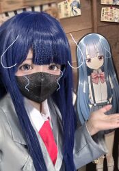 1girl asian blue_hair breasts cosplay furude_rika grey_eyes highres higurashi_no_naku_koro_ni japanese_(nationality) long_hair looking_at_viewer small_breasts solo