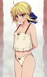 Rule 34 | 1girl, absurdres, ahoge, alternate costume, arms behind back, artoria pendragon (all), artoria pendragon (fate), bare legs, bare shoulders, blonde hair, blue bow, blush, bow, bow panties, braid, breasts, camisole, character name, cleavage, closed mouth, collarbone, crotch seam, fate/stay night, fate (series), female focus, floating hair, french braid, green eyes, groin, hair bow, hair ornament, highres, lace, lace panties, legs together, light blush, lingerie, looking at viewer, midriff, morii shizuki, navel, no pants, panties, saber (fate), short hair, simple background, small breasts, smile, solo, standing, type-moon, underwear