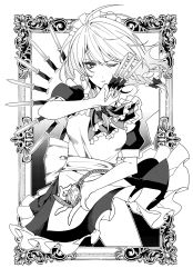 Rule 34 | 1girl, absurdres, ascot, framed, greyscale, highres, holding, holding knife, izayoi sakuya, kamenozoki momomo, knife, looking at viewer, maid, maid headdress, monochrome, one eye closed, open mouth, pocket watch, short hair, simple background, solo, touhou, watch