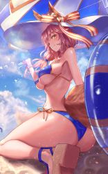 Rule 34 | 1girl, absurdres, animal ears, ass, ball, beachball, bikini, bird, blue bikini, blue sky, blush, breasts, closed mouth, cloud, covered erect nipples, fang, fate/grand order, fate (series), food, fox ears, fox tail, gore (white gore), hat, hat ribbon, highres, large breasts, looking at viewer, parasol, pink hair, popsicle, ribbon, sand, short hair, side-tie bikini bottom, sky, smile, solo, striped ribbon, swimsuit, tail, tamamo (fate), tamamo no mae (fate/extra), tamamo no mae (swimsuit lancer) (fate), umbrella, underboob, white hat, yellow eyes