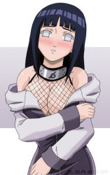 Rule 34 | 1girl, black hair, blue hair, blush, breasts, cleavage, crosscutter, female focus, fishnet top, fishnets, hyuuga hinata, jewelry, large breasts, lowres, naruto, naruto (series), necklace, solo, white eyes