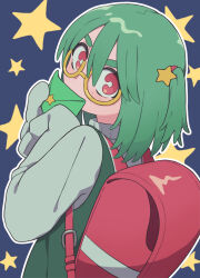 1girl absurdres backpack bag blue_background covering_own_mouth glasses green_hair green_overalls highres holding holding_letter kira_(zutomayo) kira_killer_(zutomayo) letter looking_at_viewer nokino_(nokinokin0) overalls randoseru red_bag red_eyes shirt sleeves_past_fingers sleeves_past_wrists sweater two_side_up very_long_sleeves white_shirt white_sweater yellow-framed_eyewear zutto_mayonaka_de_ii_no_ni