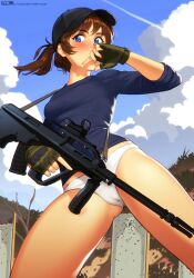 Rule 34 | 1girl, assault rifle, averting eyes, baseball cap, black hat, blue eyes, blue shirt, blue sky, blush, brooke (mleth), brown hair, bullpup, cloud, commentary, covered mouth, day, english commentary, fingerless gloves, gloves, green gloves, gun, hand up, hat, highres, holding, holding gun, holding weapon, legs apart, mleth, no pants, original, outdoors, panties, rifle, shirt, sky, sleeves pushed up, solo, steyr aug, trigger discipline, underwear, watermark, weapon, web address, white panties