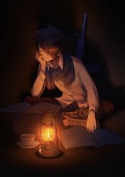 Rule 34 | 1boy, absurdres, awarin, black hair, blue scarf, book, brown pants, closed eyes, closed mouth, collared shirt, dress shirt, full body, hair over one eye, head rest, highres, indian style, long sleeves, male focus, open book, pants, ray (yakusoku no neverland), scarf, shirt, short hair, sitting, solo, white shirt, wing collar, yakusoku no neverland