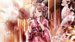 Rule 34 | &gt; o, 1girl, :d, animal, animal ear fluff, animal ears, animal on shoulder, blue eyes, blush, boar, braid, brown hair, cat ears, commentary request, ema, fang, floral print, flower, food, hair flower, hair ornament, highres, holding, holding food, japanese clothes, kimono, lantern, long hair, long sleeves, mutang, nengajou, new year, obi, one eye closed, open mouth, original, paper lantern, pink flower, print kimono, purple kimono, red flower, sash, side braid, signature, single braid, smile, solo, wide sleeves