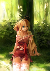 Rule 34 | antenna hair, bad id, bad pixiv id, bare shoulders, blonde hair, blue eyes, forest, highres, kamisakai, nature, original, ponytail, sitting, solo, thighhighs