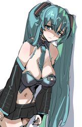 1girl alternate_breast_size aqua_hair aqua_nails aqua_necktie between_breasts black_skirt black_sleeves black_thighhighs blue_eyes bow_(bhp) breasts cleavage commentary_request detached_sleeves fingerless_gloves gloves hatsune_miku long_hair looking_at_viewer nail_polish navel necktie necktie_between_breasts simple_background skirt solo thighhighs twintails vocaloid white_background zettai_ryouiki