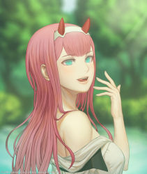 Rule 34 | 1girl, breasts, commentary, darling in the franxx, english commentary, gofelem, green eyes, hairband, horns, long hair, looking at viewer, off shoulder, oni horns, open mouth, pink hair, red horns, smile, solo, tree, white hairband, zero two (darling in the franxx)