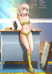 Rule 34 | 1girl, absurdres, animal print, artist name, bare shoulders, bikini, blue eyes, blurry, blurry background, blush, boots, breasts, chalkboard, classroom, cleavage, closed mouth, commentary, cosplay, depth of field, desk, english text, frown, fur bikini, fur boots, girls und panzer, grey hair, hand in own hair, highres, hiyama yuu (wee259hiyama), indoors, itsumi erika, knee boots, looking at viewer, lum, lum (cosplay), medium breasts, medium hair, navel, print bikini, print footwear, shadow, signature, solo, standing, standing on one leg, strapless, strapless bikini, string of flags, swimsuit, teapot, tiger print, urusei yatsura, yellow bikini