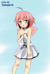 Rule 34 | 1girl, :o, absurdres, ahoge, bare shoulders, blue background, blush, chain, child, collar, dress, eyebrows, flat chest, green eyes, highres, ikaros, looking at viewer, open mouth, pink hair, short hair, simple background, solo, sora no otoshimono, standing, tomoki k, white dress, aged down