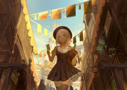 Rule 34 | 1girl, 6+others, animal ears, bad perspective, bag, bird, black hat, blonde hair, blue eyes, blush, buttons, carrot, castle, cloak, corset, cross, flying, food, frilled skirt, frilled thighhighs, frills, hat, highres, holding, holding bag, lamppost, looking back, multiple others, note, open mouth, original, paper, plant, pointy ears, pot, potted plant, shiabisu, shop, short hair, sign, silhouette, skirt, staff, storefront, thighhighs, vegetable, walking