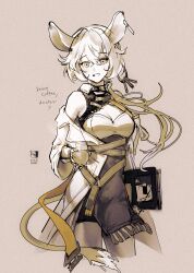 Rule 34 | 1girl, animal ears, arknights, breasts, brown background, cleavage, cowboy shot, cropped legs, crossed bangs, cup, dorothy (arknights), hair between eyes, highres, holding, holding cup, jacket, long hair, looking at viewer, medium breasts, mouse ears, mouse girl, mouse tail, off shoulder, open clothes, open jacket, parted lips, ponytail, sepia, shirt, simple background, skirt, smile, solo, tail, velahka