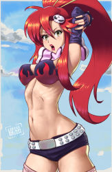 Rule 34 | 1girl, armpits, arms behind head, artist name, bikini, bikini top only, breasts, cleavage, green eyes, large breasts, legs, lipstick, long hair, looking at viewer, makeup, midriff, navel, open mouth, ponytail, red hair, scarf, shorts, solo, swimsuit, tengen toppa gurren lagann, thighs, toned, tongue, tongue out, yoko littner