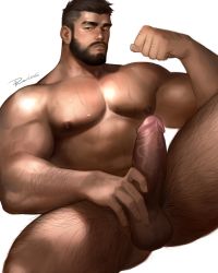 Rule 34 | 1boy, abs, absurdres, arm hair, bara, beard, black hair, completely nude, dark-skinned male, dark skin, erection, eyebrow cut, facial hair, feet out of frame, hairy, highres, knuckle hair, large pectorals, leg hair, looking at viewer, male focus, male masturbation, masturbation, mature male, muscular, muscular male, nipples, nude, original, pectorals, penis, powerlesssong, short hair, solo, spread legs, stomach, sweat, thick eyebrows, thick thighs, thighs, uncensored, veins, veiny penis