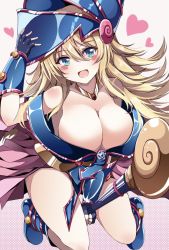 Rule 34 | 1girl, alternate breast size, aqua eyes, bad id, bad twitter id, bare shoulders, blonde hair, blue footwear, blush stickers, breasts, cleavage, dark magician girl, duel monster, fingerless gloves, gloves, hat, highres, large breasts, long hair, looking at viewer, open mouth, revision, smile, solo, staff, thighs, trista (makkoivenus), wand, wizard hat, yu-gi-oh!