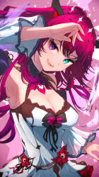 Rule 34 | 1girl, armpits, blue eyes, breasts, brooch, cleavage, cleavage cutout, clothing cutout, commentary, cowboy shot, detached sleeves, dress, english commentary, eyelashes, fangs, getto, halo, hand up, heart, heart brooch, heterochromia, highres, hololive, hololive english, horns, irys (hololive), irys (irys 2.0) (hololive), jewelry, looking at viewer, medium breasts, open mouth, pointy ears, purple eyes, purple hair, red hair, short dress, sleeveless, sleeveless dress, solo, virtual youtuber, white sleeves