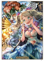 Rule 34 | 2girls, :d, animal ears, antenna hair, artist name, belt, blue dress, blue hair, breasts, brown gloves, brown hair, card (medium), character name, cleavage, clothing cutout, coin, day, de la fille, dress, closed eyes, fangs, floating hair, gloves, granblue fantasy, green eyes, hair ribbon, heart cutout, highres, holding, jewelry, karteira, long hair, medium breasts, mikurou (nayuta), multicolored hair, multiple girls, navel cutout, open mouth, orange dress, outdoors, page number, ponytail, red ribbon, ribbon, ring, short dress, silver hair, smile, sparkling eyes, strapless, strapless dress, sweatdrop, thighhighs, twintails, two-tone hair, white legwear