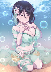 Rule 34 | 1girl, asymmetrical hair, bang dream!, bare shoulders, belly chain, bikini, bikini under clothes, black hair, bracelet, breasts, bubble, cleavage, earrings, feet out of frame, flower, full body, green bikini, hair flower, hair ornament, hands up, highres, jewelry, kitayu, lace trim, large breasts, legs, light smile, looking at viewer, morfonica, navel, necklace, ocean, official alternate costume, own hands together, pearl bracelet, purple eyes, sand, see-through, short hair, sidelocks, sitting, solo, swimsuit, thighlet, underwater, wariza, water, yashio rui