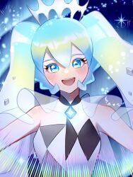 Rule 34 | 1girl, :d, blue eyes, blue gemstone, blush, collarbone, commentary request, creatures (company), eyelashes, game freak, gem, glowing, green hair, hair ornament, happy, hatsune miku, highres, kamicho musharu, long hair, looking at viewer, nintendo, open mouth, pokemon, project voltage, rock miku (project voltage), sleeveless, smile, solo, teeth, twintails, upper body, upper teeth only, vocaloid